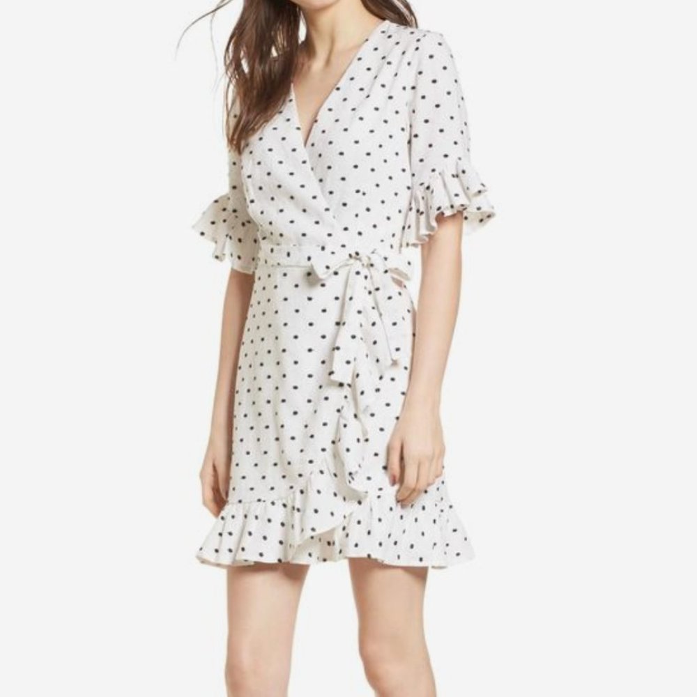 WAYF Ruffle Wrap Dress In Ivory Polka Dot